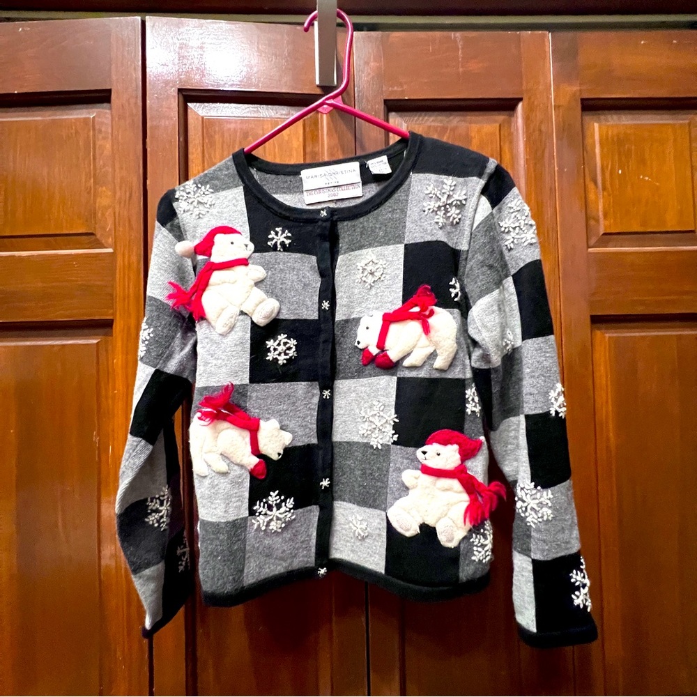 Black/gray checked Christmas cardigan with cute polar bears sporting red scarves